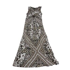 R&M Richard’s Brown Beige White Printed Sleeveless Beaded Maxi Dress Size 16W